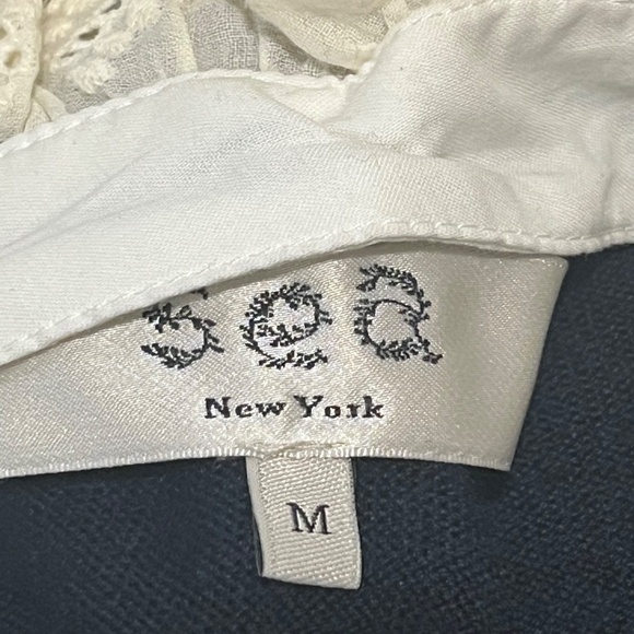 Sea NY Navy Blue Balloon Sleeve Wool Sweater Removable Cotton Eyelet Collar MED - Picture 7 of 8